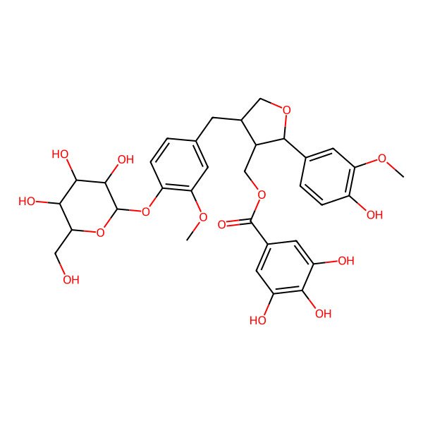 2D Structure of [(2S,3R,4S)-2-(4-hydroxy-3-methoxyphenyl)-4-[[3-methoxy-4-[(2S,3R,4S,5S,6R)-3,4,5-trihydroxy-6-(hydroxymethyl)oxan-2-yl]oxyphenyl]methyl]oxolan-3-yl]methyl 3,4,5-trihydroxybenzoate