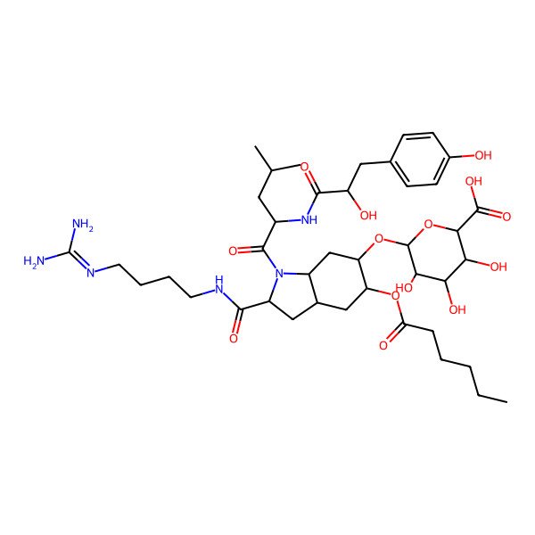 2D Structure of 6-[[2-[4-(Diaminomethylideneamino)butylcarbamoyl]-5-hexanoyloxy-1-[2-[[2-hydroxy-3-(4-hydroxyphenyl)propanoyl]amino]-4-methylpentanoyl]-2,3,3a,4,5,6,7,7a-octahydroindol-6-yl]oxy]-3,4,5-trihydroxyoxane-2-carboxylic acid