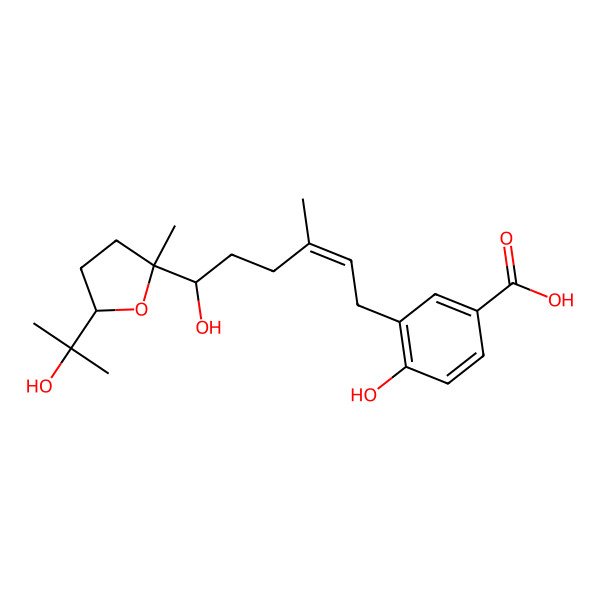 2D Structure of 4-hydroxy-3-[(E,6S)-6-hydroxy-6-[(2S,5R)-5-(2-hydroxypropan-2-yl)-2-methyloxolan-2-yl]-3-methylhex-2-enyl]benzoic acid