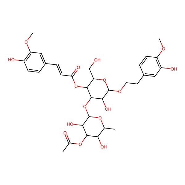 2D Structure of [4-(4-Acetyloxy-3,5-dihydroxy-6-methyloxan-2-yl)oxy-5-hydroxy-6-[2-(3-hydroxy-4-methoxyphenyl)ethoxy]-2-(hydroxymethyl)oxan-3-yl] 3-(4-hydroxy-3-methoxyphenyl)prop-2-enoate