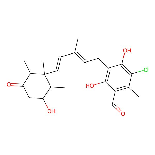 2D Structure of 5-Chloro-2,4-dihydroxy-3-[5-(3-hydroxy-1,2,6-trimethyl-5-oxocyclohexyl)-3-methylpenta-2,4-dienyl]-6-methylbenzaldehyde