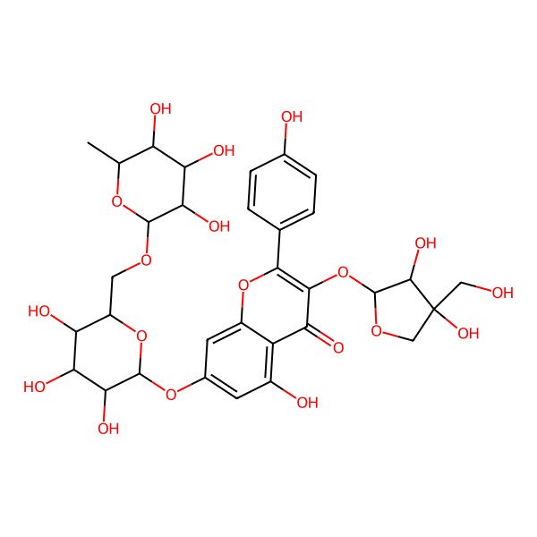 2D Structure of 3-[(2R,3S,4S)-3,4-dihydroxy-4-(hydroxymethyl)oxolan-2-yl]oxy-5-hydroxy-2-(4-hydroxyphenyl)-7-[(2S,3S,4R,5S,6S)-3,4,5-trihydroxy-6-[[(2R,3R,4R,5R,6S)-3,4,5-trihydroxy-6-methyloxan-2-yl]oxymethyl]oxan-2-yl]oxychromen-4-one