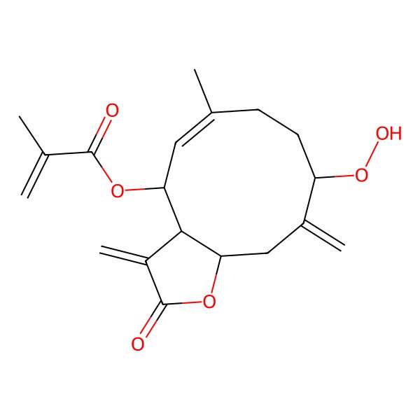 2D Structure of (9-hydroperoxy-6-methyl-3,10-dimethylidene-2-oxo-4,7,8,9,11,11a-hexahydro-3aH-cyclodeca[b]furan-4-yl) 2-methylprop-2-enoate