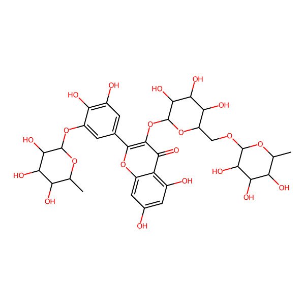 2D Structure of 2-[3,4-dihydroxy-5-[(2R,3R,4R,5R,6S)-3,4,5-trihydroxy-6-methyloxan-2-yl]oxyphenyl]-5,7-dihydroxy-3-[(2S,3R,4S,5S,6R)-3,4,5-trihydroxy-6-[[(2R,3R,4R,5R,6S)-3,4,5-trihydroxy-6-methyloxan-2-yl]oxymethyl]oxan-2-yl]oxychromen-4-one