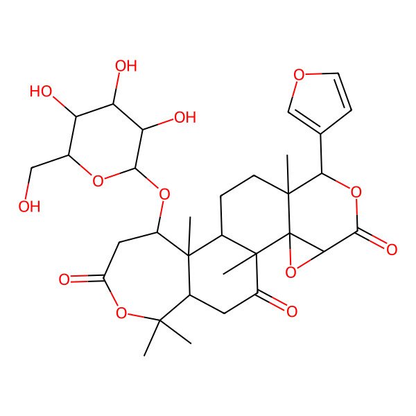 2D Structure of 7-(Furan-3-yl)-1,8,12,17,17-pentamethyl-13-[3,4,5-trihydroxy-6-(hydroxymethyl)oxan-2-yl]oxy-3,6,16-trioxapentacyclo[9.9.0.02,4.02,8.012,18]icosane-5,15,20-trione