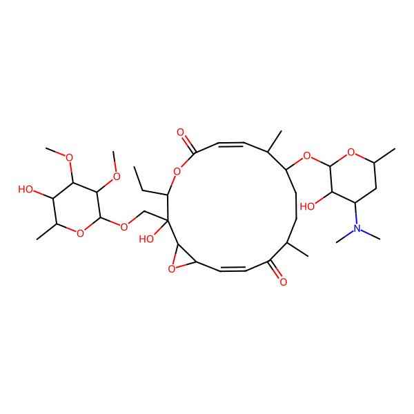 2D Structure of (1R,2R,3R,6E,8S,9S,12S,14E,16R)-9-[(2R,3R,4R,6S)-4-(dimethylamino)-3-hydroxy-6-methyloxan-2-yl]oxy-3-ethyl-2-hydroxy-2-[[(2S,3R,4S,5R,6R)-5-hydroxy-3,4-dimethoxy-6-methyloxan-2-yl]oxymethyl]-8,12-dimethyl-4,17-dioxabicyclo[14.1.0]heptadeca-6,14-diene-5,13-dione