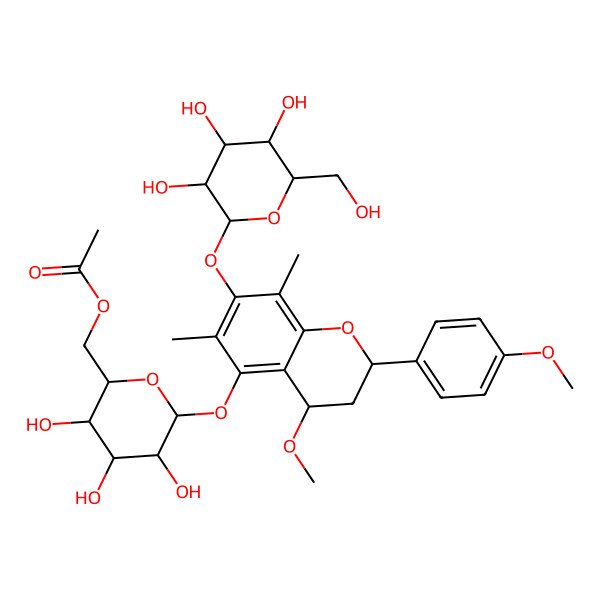 2D Structure of [(2R,3S,4S,5R,6S)-3,4,5-trihydroxy-6-[[(2S,4R)-4-methoxy-2-(4-methoxyphenyl)-6,8-dimethyl-7-[(2S,3R,4S,5S,6R)-3,4,5-trihydroxy-6-(hydroxymethyl)oxan-2-yl]oxy-3,4-dihydro-2H-chromen-5-yl]oxy]oxan-2-yl]methyl acetate