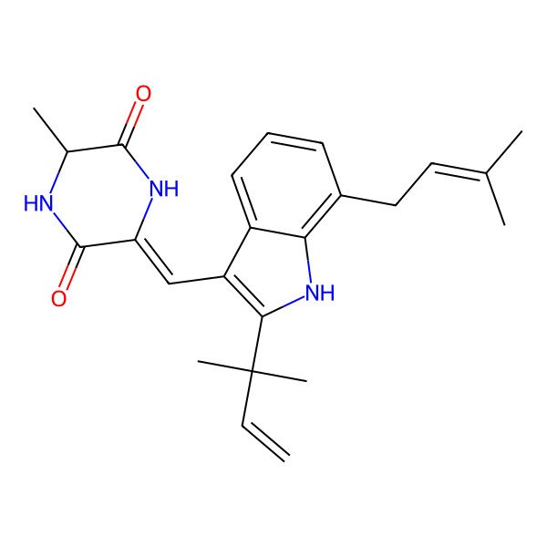 2D Structure of 3-methyl-6-[[2-(2-methylbut-3-en-2-yl)-7-(3-methylbut-2-enyl)-1H-indol-3-yl]methylidene]piperazine-2,5-dione