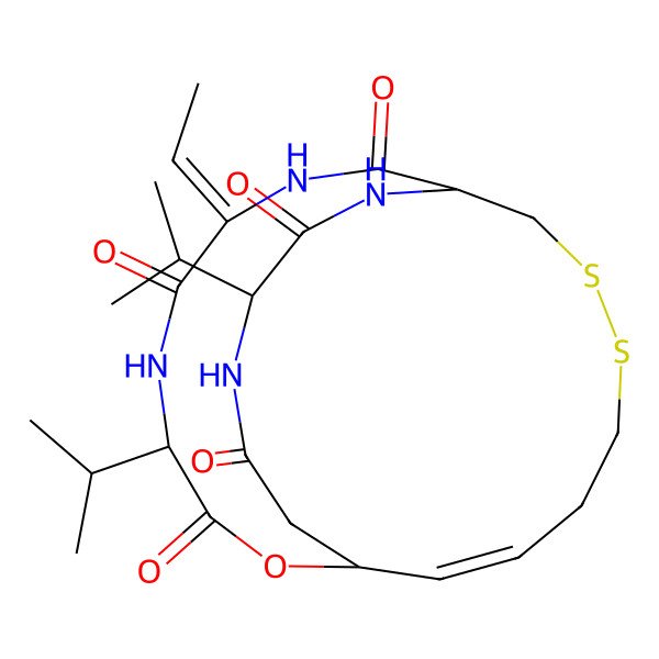 2D Structure of 7-Ethylidene-4,21-di(propan-2-yl)-2-oxa-12,13-dithia-5,8,20,23-tetrazabicyclo[8.7.6]tricos-16-ene-3,6,9,19,22-pentone
