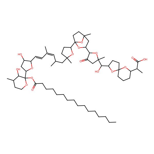 2D Structure of 2-[2-[[5-[1-[5-[6-[5-(2-Hexadecanoyloxy-3-hydroxy-4-methyloxan-2-yl)-3-hydroxyoxolan-2-yl]-2,4-dimethylhexa-3,5-dienyl]-5-methyloxolan-2-yl]-5-methyl-2,8-dioxabicyclo[3.2.1]octan-3-yl]-2-methyl-4-oxooxolan-2-yl]-hydroxymethyl]-1,10-dioxaspiro[4.5]decan-9-yl]propanoic acid