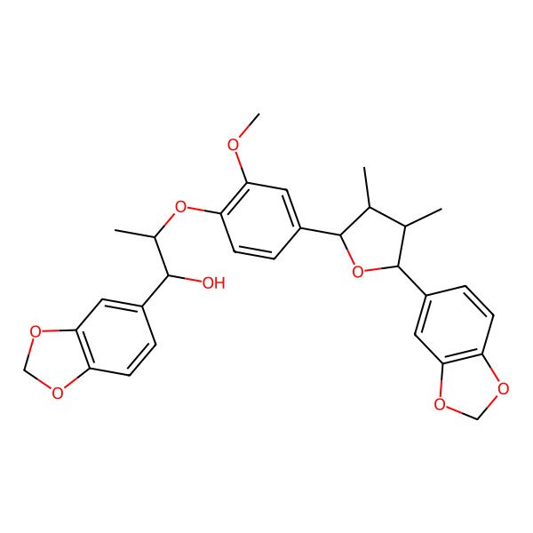 2D Structure of (1R,2S)-1-(1,3-benzodioxol-5-yl)-2-[4-[(2S,3R,4S,5R)-5-(1,3-benzodioxol-5-yl)-3,4-dimethyloxolan-2-yl]-2-methoxyphenoxy]propan-1-ol