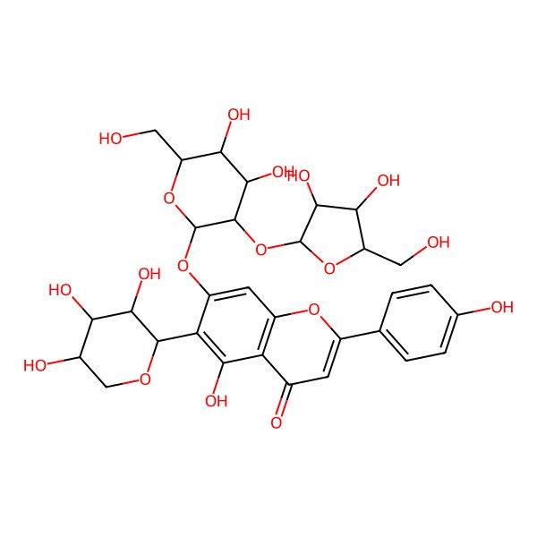 2D Structure of 7-[(2R,3R,4S,5S,6R)-3-[(2S,3R,4R,5R)-3,4-dihydroxy-5-(hydroxymethyl)oxolan-2-yl]oxy-4,5-dihydroxy-6-(hydroxymethyl)oxan-2-yl]oxy-5-hydroxy-2-(4-hydroxyphenyl)-6-[(2S,3R,4S,5S)-3,4,5-trihydroxyoxan-2-yl]chromen-4-one