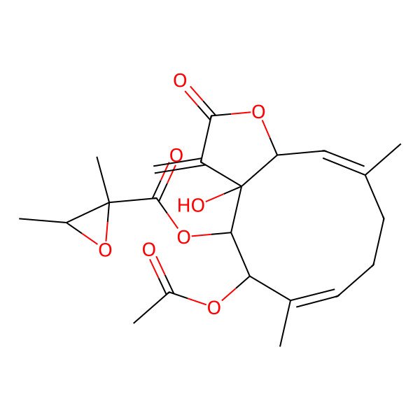 2D Structure of [(3aS,4S,5S,6E,10E)-5-acetyloxy-3a-hydroxy-6,10-dimethyl-3-methylidene-2-oxo-5,8,9,11a-tetrahydro-4H-cyclodeca[b]furan-4-yl] (2R,3R)-2,3-dimethyloxirane-2-carboxylate