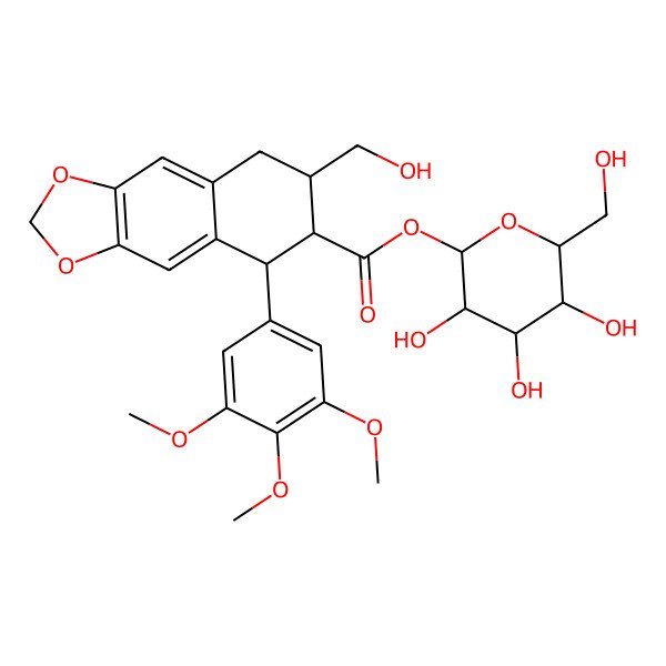 2D Structure of beta-D-Glucopyranose, 1-[5,6,7,8-tetrahydro-7-(hydroxymethyl)-5-(3,4,5-trimethoxyphenyl)naphtho[2,3-d]-1,3-dioxole-6-carboxylate], (5alpha,6alpha,7beta)-