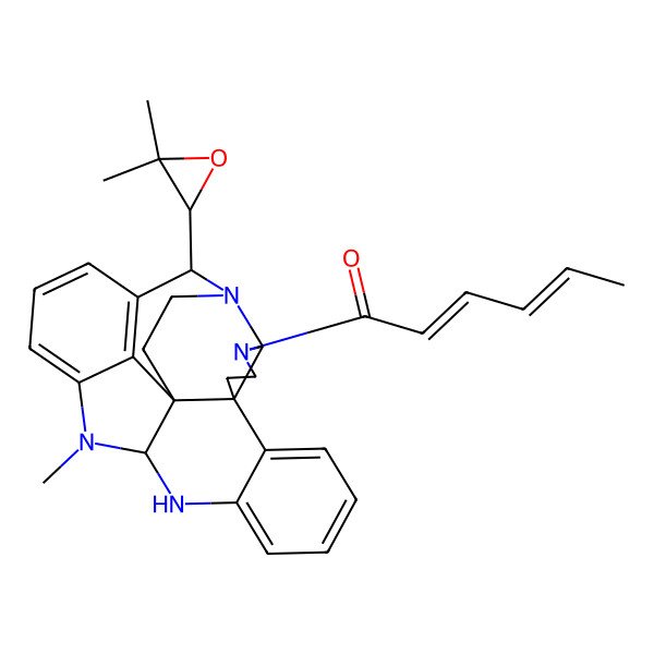 2D Structure of (2E,4E)-1-[(2S,6R,14R,22R,25S)-25-(3,3-dimethyloxiran-2-yl)-15-methyl-1,3,13,15-tetrazaheptacyclo[18.4.1.02,6.06,22.07,12.014,22.016,21]pentacosa-7,9,11,16,18,20-hexaen-3-yl]hexa-2,4-dien-1-one