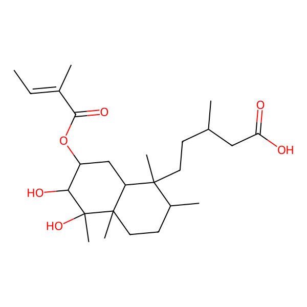 2D Structure of (3R)-5-[(1R,2S,4aS,5S,6S,7S,8aS)-5,6-dihydroxy-1,2,4a,5-tetramethyl-7-[(Z)-2-methylbut-2-enoyl]oxy-3,4,6,7,8,8a-hexahydro-2H-naphthalen-1-yl]-3-methylpentanoic acid