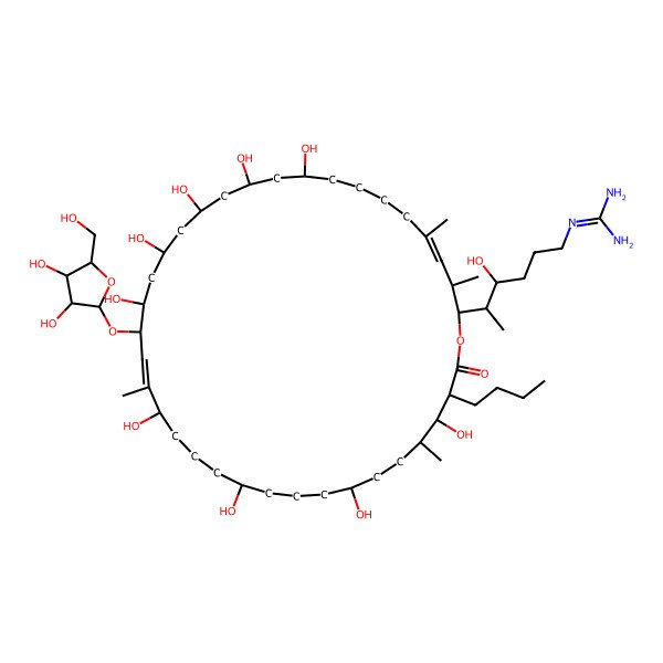 2D Structure of 2-[5-[(4Z,20Z)-35-butyl-19-[3,4-dihydroxy-5-(hydroxymethyl)oxolan-2-yl]oxy-10,12,14,16,18,22,26,30,34-nonahydroxy-3,5,21,33-tetramethyl-36-oxo-1-oxacyclohexatriaconta-4,20-dien-2-yl]-4-hydroxyhexyl]guanidine