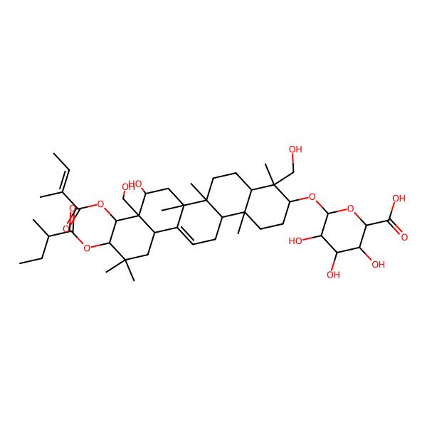 2D Structure of 3,4,5-Trihydroxy-6-[[8-hydroxy-4,8a-bis(hydroxymethyl)-4,6a,6b,11,11,14b-hexamethyl-10-(2-methylbutanoyloxy)-9-(2-methylbut-2-enoyloxy)-1,2,3,4a,5,6,7,8,9,10,12,12a,14,14a-tetradecahydropicen-3-yl]oxy]oxane-2-carboxylic acid