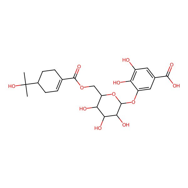 2D Structure of 3,4-Dihydroxy-5-[3,4,5-trihydroxy-6-[[4-(2-hydroxypropan-2-yl)cyclohexene-1-carbonyl]oxymethyl]oxan-2-yl]oxybenzoic acid