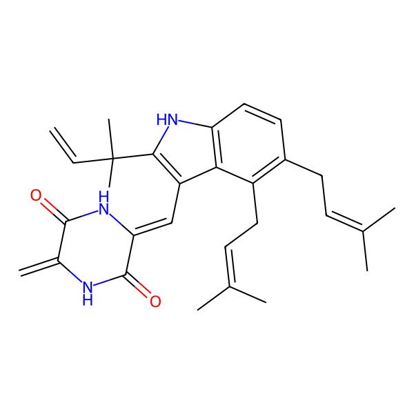 2D Structure of 3-[[2-(2-methylbut-3-en-2-yl)-4,5-bis(3-methylbut-2-enyl)-1H-indol-3-yl]methylidene]-6-methylidenepiperazine-2,5-dione