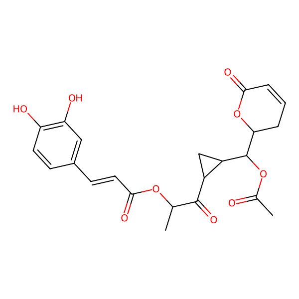 2D Structure of [(2S)-1-[(1S,2S)-2-[(S)-acetyloxy-[(2R)-6-oxo-2,3-dihydropyran-2-yl]methyl]cyclopropyl]-1-oxopropan-2-yl] (E)-3-(3,4-dihydroxyphenyl)prop-2-enoate
