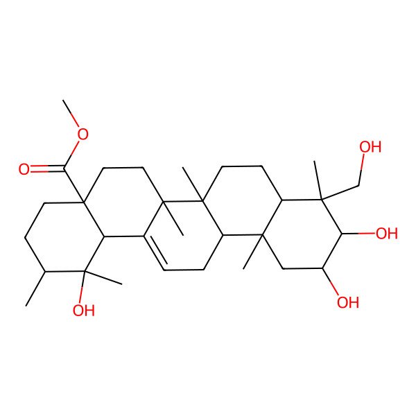 2D Structure of methyl (1R,2R,4aS,6aR,6aS,6bR,8aR,9S,10S,11R,12aR,14bS)-1,10,11-trihydroxy-9-(hydroxymethyl)-1,2,6a,6b,9,12a-hexamethyl-2,3,4,5,6,6a,7,8,8a,10,11,12,13,14b-tetradecahydropicene-4a-carboxylate