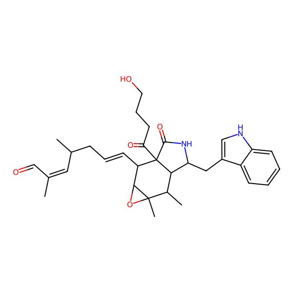 2D Structure of 7-[2a-(4-hydroxybutanoyl)-5-(1H-indol-3-ylmethyl)-6,6a-dimethyl-3-oxo-1a,2,4,5,5a,6-hexahydrooxireno[2,3-f]isoindol-2-yl]-2,4-dimethylhepta-2,6-dienal