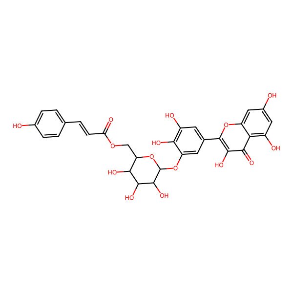 2D Structure of [(2R,3S,4S,5R,6S)-6-[2,3-dihydroxy-5-(3,5,7-trihydroxy-4-oxochromen-2-yl)phenoxy]-3,4,5-trihydroxyoxan-2-yl]methyl (E)-3-(4-hydroxyphenyl)prop-2-enoate