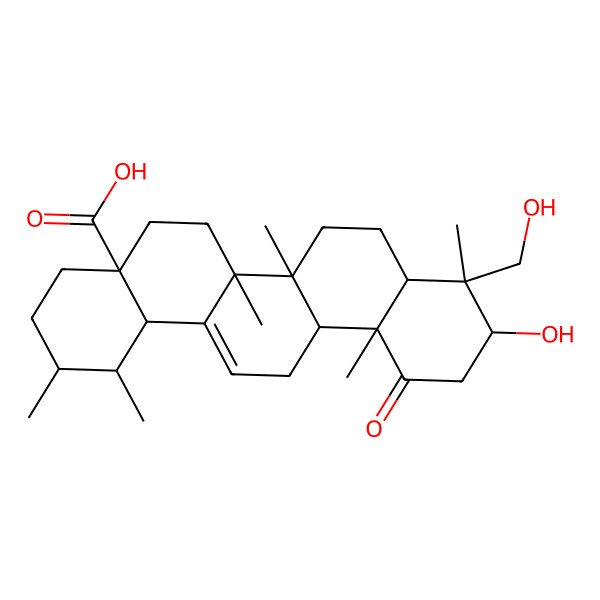 2D Structure of (1S,2R,4aS,6aS,6aS,6bR,8aR,9R,10S,12aR,14bS)-10-hydroxy-9-(hydroxymethyl)-1,2,6a,6b,9,12a-hexamethyl-12-oxo-1,2,3,4,5,6,6a,7,8,8a,10,11,13,14b-tetradecahydropicene-4a-carboxylic acid