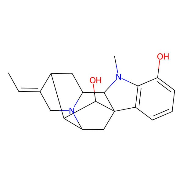 2D Structure of (1R,9R,10S,12R,13E,16S,17S,18S)-13-ethylidene-8-methyl-8,15-diazahexacyclo[14.2.1.01,9.02,7.010,15.012,17]nonadeca-2(7),3,5-triene-6,18-diol