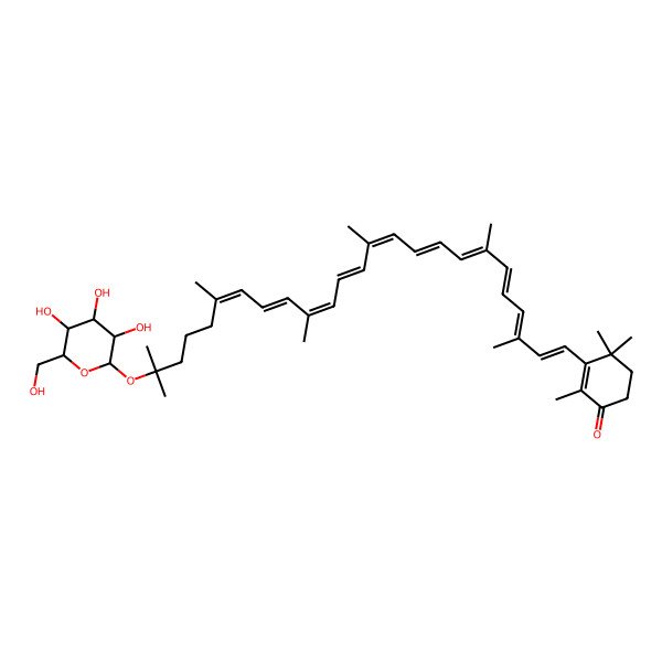 2D Structure of 3-[(1E,3E,5E,7E,9E,11E,13E,15E,17E,19E)-3,7,12,16,20,24-hexamethyl-24-[(2S,3R,4S,5S,6R)-3,4,5-trihydroxy-6-(hydroxymethyl)oxan-2-yl]oxypentacosa-1,3,5,7,9,11,13,15,17,19-decaenyl]-2,4,4-trimethylcyclohex-2-en-1-one