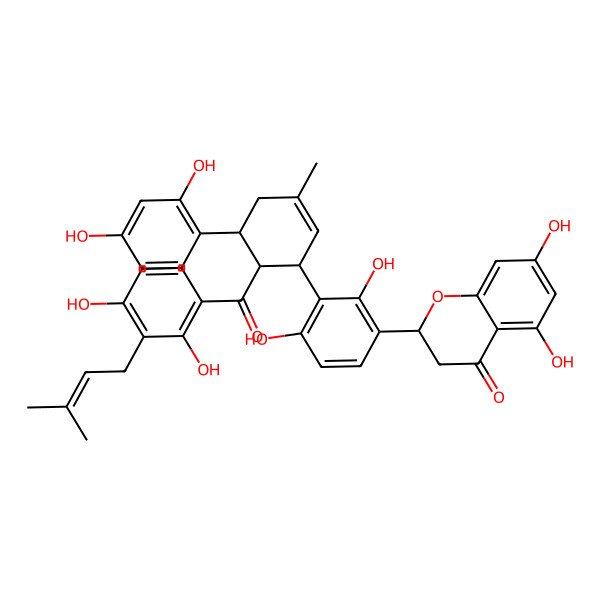 2D Structure of (2R)-2-[3-[(1R,5S,6R)-6-[2,4-dihydroxy-3-(3-methylbut-2-enyl)benzoyl]-5-(2,4-dihydroxyphenyl)-3-methylcyclohex-2-en-1-yl]-2,4-dihydroxyphenyl]-5,7-dihydroxy-2,3-dihydrochromen-4-one