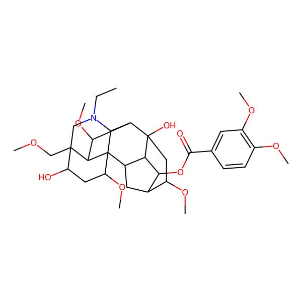 2D Structure of [(1S,2R,3R,4S,5R,6S,8R,9R,10R,13R,14R,16S,17S,18R)-11-ethyl-8,14-dihydroxy-6,16,18-trimethoxy-13-(methoxymethyl)-11-azahexacyclo[7.7.2.12,5.01,10.03,8.013,17]nonadecan-4-yl] 3,4-dimethoxybenzoate