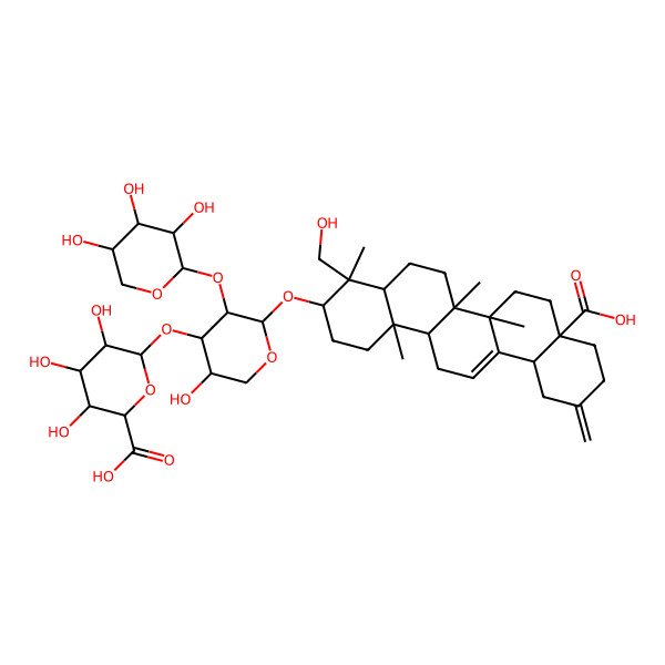 2D Structure of (2S,3S,4S,5R,6R)-6-[(2S,3R,4S,5S)-2-[[(3S,4R,4aR,6aR,6bS,8aS,12aS,14aR,14bR)-8a-carboxy-4-(hydroxymethyl)-4,6a,6b,14b-tetramethyl-11-methylidene-1,2,3,4a,5,6,7,8,9,10,12,12a,14,14a-tetradecahydropicen-3-yl]oxy]-5-hydroxy-3-[(2S,3R,4S,5S)-3,4,5-trihydroxyoxan-2-yl]oxyoxan-4-yl]oxy-3,4,5-trihydroxyoxane-2-carboxylic acid