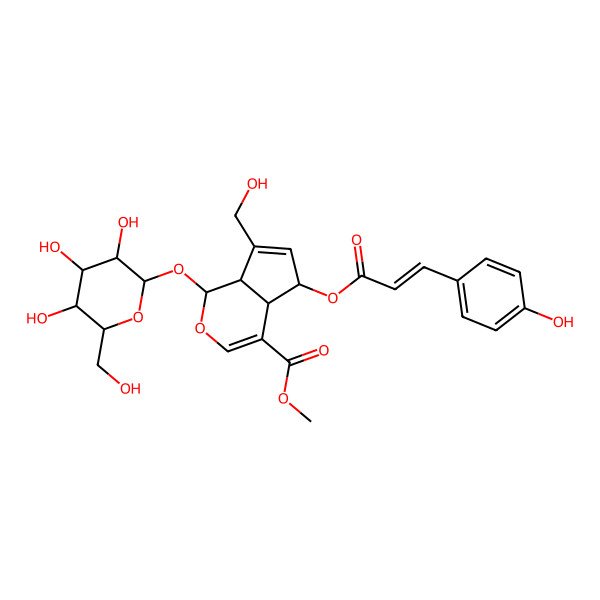 2D Structure of methyl (1S,4aS,5R,7aS)-7-(hydroxymethyl)-5-[3-(4-hydroxyphenyl)prop-2-enoyloxy]-1-[(2S,3R,4S,5S,6R)-3,4,5-trihydroxy-6-(hydroxymethyl)oxan-2-yl]oxy-1,4a,5,7a-tetrahydrocyclopenta[c]pyran-4-carboxylate