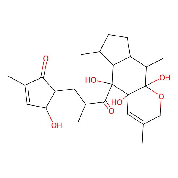 2D Structure of (4R,5S)-5-[(2R)-3-[(4aR,5S,5aS,6R,8aS,9R,9aR)-4a,5,9a-trihydroxy-3,6,9-trimethyl-5a,6,7,8,8a,9-hexahydro-2H-cyclopenta[g]chromen-5-yl]-2-methyl-3-oxopropyl]-4-hydroxy-2-methylcyclopent-2-en-1-one