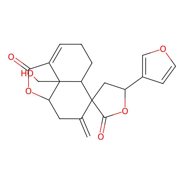 2D Structure of 5'-(Furan-3-yl)-12-(hydroxymethyl)-10-methylidenespiro[2-oxatricyclo[6.3.1.04,12]dodec-4-ene-9,3'-oxolane]-2',3-dione