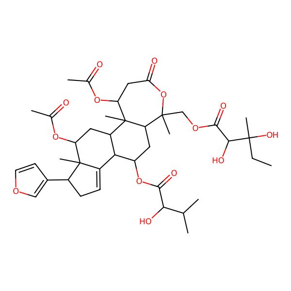 2D Structure of [(1S,2R,3S,7S,8R,10R,11R,15S,16S,17S)-3,17-diacetyloxy-15-(furan-3-yl)-10-(2-hydroxy-3-methylbutanoyl)oxy-2,7,16-trimethyl-5-oxo-6-oxatetracyclo[9.7.0.02,8.012,16]octadec-12-en-7-yl]methyl 2,3-dihydroxy-3-methylpentanoate