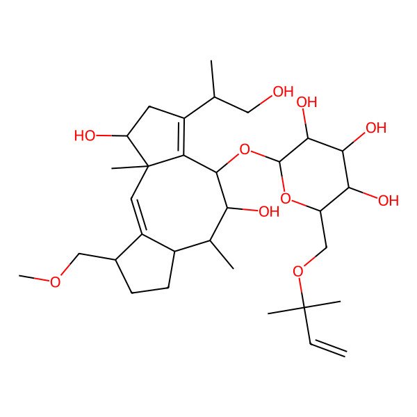 2D Structure of (2S,3S,4S,5S,6R)-2-[[(3R,4S,8R,9R,10R,11S,14S)-4,9-dihydroxy-6-[(2S)-1-hydroxypropan-2-yl]-14-(methoxymethyl)-3,10-dimethyl-8-tricyclo[9.3.0.03,7]tetradeca-1,6-dienyl]oxy]-6-(2-methylbut-3-en-2-yloxymethyl)oxane-3,4,5-triol