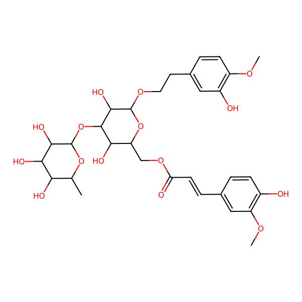 2D Structure of beta-D-Glucopyranoside, 2-(3-hydroxy-4-methoxyphenyl)ethyl 3-O-(6-deoxy-alpha-L-mannopyranosyl)-, 6-[3-(4-hydroxy-3-methoxyphenyl)-2-propenoate], (E)-