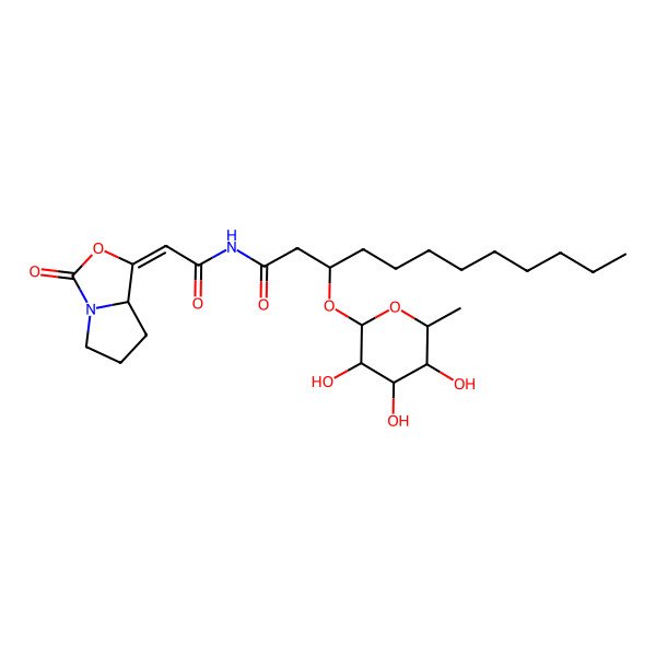 2D Structure of (3R)-N-[(2E)-2-[(7aR)-3-oxo-5,6,7,7a-tetrahydropyrrolo[1,2-c][1,3]oxazol-1-ylidene]acetyl]-3-[(2R,3R,4S,5R,6R)-3,4,5-trihydroxy-6-methyloxan-2-yl]oxydodecanamide