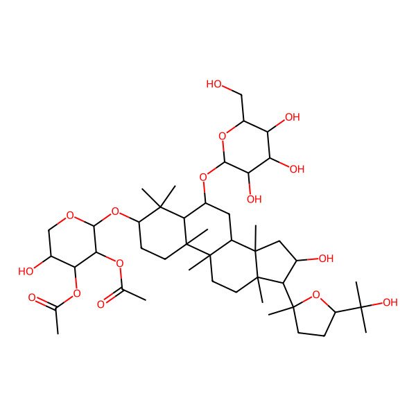 2D Structure of [3-Acetyloxy-5-hydroxy-2-[[16-hydroxy-17-[5-(2-hydroxypropan-2-yl)-2-methyloxolan-2-yl]-4,4,9,10,13,14-hexamethyl-6-[3,4,5-trihydroxy-6-(hydroxymethyl)oxan-2-yl]oxy-1,2,3,5,6,7,8,11,12,15,16,17-dodecahydrocyclopenta[a]phenanthren-3-yl]oxy]oxan-4-yl] acetate