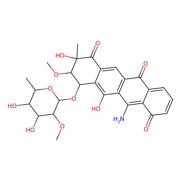 2D Structure of (8S,9S,10R)-12-amino-10-[(2S,3R,4R,5R,6S)-4,5-dihydroxy-3-methoxy-6-methyloxan-2-yl]oxy-8,11-dihydroxy-9-methoxy-8-methyl-9,10-dihydrotetracene-1,5,7-trione