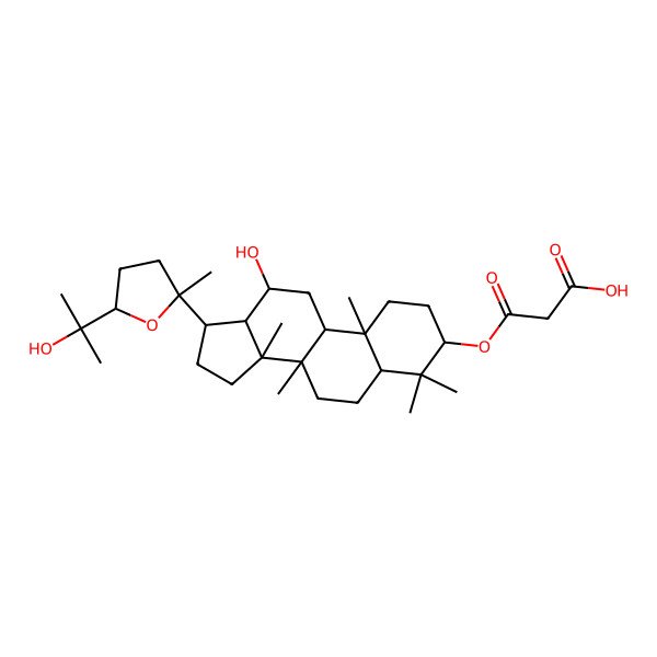 2D Structure of 3-[[(3R,5R,8R,9R,10R,12R,13S,14R,17S)-12-hydroxy-17-[(2S,5R)-5-(2-hydroxypropan-2-yl)-2-methyloxolan-2-yl]-4,4,8,10,14-pentamethyl-2,3,5,6,7,9,11,12,13,15,16,17-dodecahydro-1H-cyclopenta[a]phenanthren-3-yl]oxy]-3-oxopropanoic acid