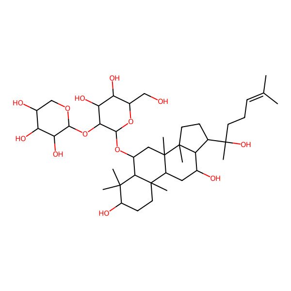 2D Structure of (2S,3R,4S,5R)-2-[(2R,3R,4S,5S,6R)-2-[[(3S,5S,6S,8R,9R,10R,12R,13R,14R,17S)-3,12-dihydroxy-17-[(2S)-2-hydroxy-6-methylhept-5-en-2-yl]-4,4,8,10,14-pentamethyl-2,3,5,6,7,9,11,12,13,15,16,17-dodecahydro-1H-cyclopenta[a]phenanthren-6-yl]oxy]-4,5-dihydroxy-6-(hydroxymethyl)oxan-3-yl]oxyoxane-3,4,5-triol