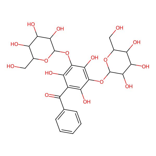 2D Structure of phenyl-[2,4,6-trihydroxy-3,5-bis[[(2S,3R,4S,5S,6R)-3,4,5-trihydroxy-6-(hydroxymethyl)oxan-2-yl]oxy]phenyl]methanone