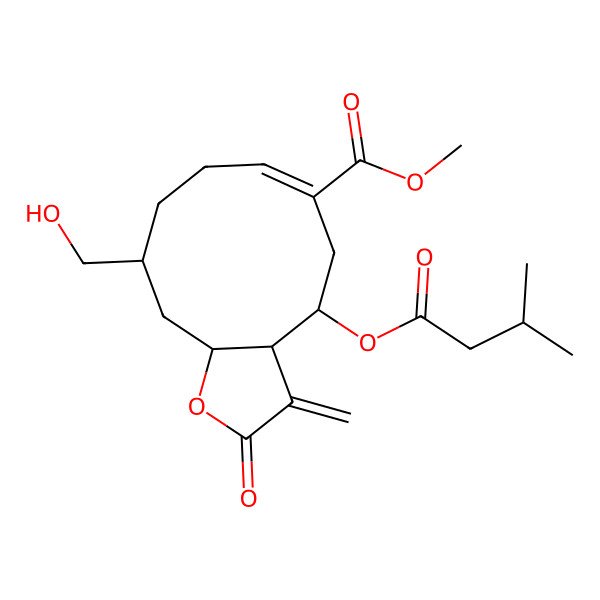 2D Structure of methyl (3aR,4R,6E,10R,11aR)-10-(hydroxymethyl)-4-(3-methylbutanoyloxy)-3-methylidene-2-oxo-3a,4,5,8,9,10,11,11a-octahydrocyclodeca[b]furan-6-carboxylate
