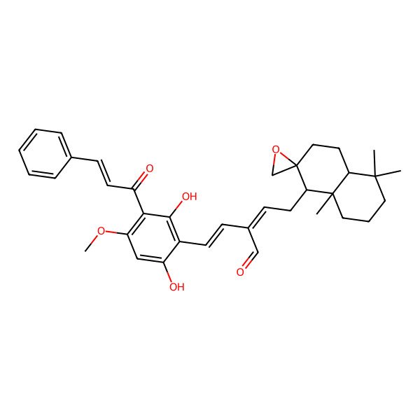 2D Structure of (E)-4-[(1R,2S,4aS,8aS)-5,5,8a-trimethylspiro[3,4,4a,6,7,8-hexahydro-1H-naphthalene-2,2'-oxirane]-1-yl]-2-[(E)-2-[2,6-dihydroxy-4-methoxy-3-[(E)-3-phenylprop-2-enoyl]phenyl]ethenyl]but-2-enal