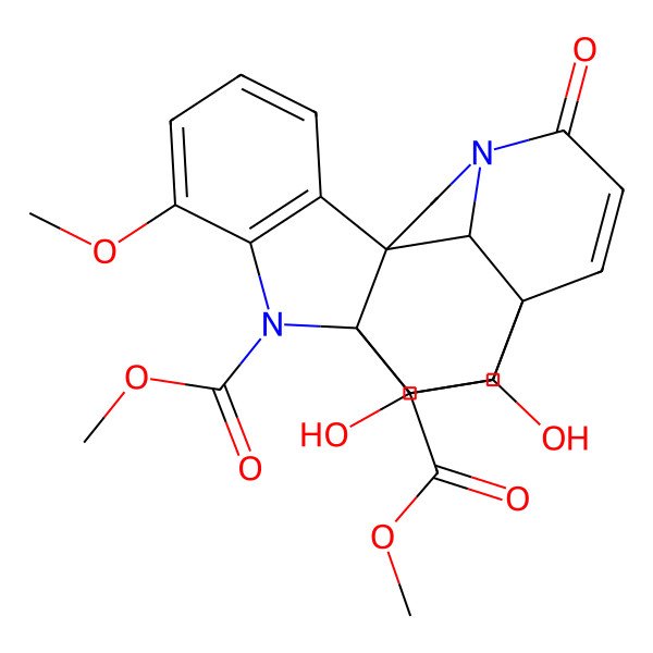 2D Structure of dimethyl (1S,9R,16R,17R,18R,21R)-17,18-dihydroxy-4-methoxy-13-oxo-2,12-diazahexacyclo[14.2.2.19,12.01,9.03,8.016,21]henicosa-3(8),4,6,14-tetraene-2,18-dicarboxylate