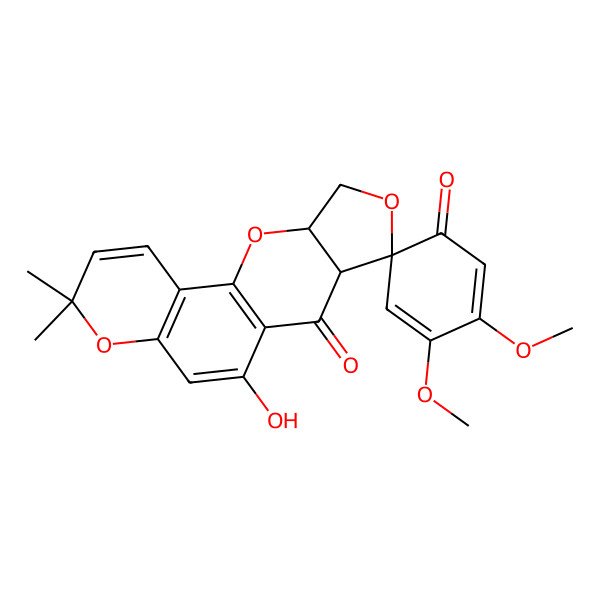 2D Structure of 9-Hydroxy-3',4'-dimethoxy-5,5-dimethylspiro[6,14,17-trioxatetracyclo[8.7.0.02,7.012,16]heptadeca-1(10),2(7),3,8-tetraene-13,6'-cyclohexa-2,4-diene]-1',11-dione